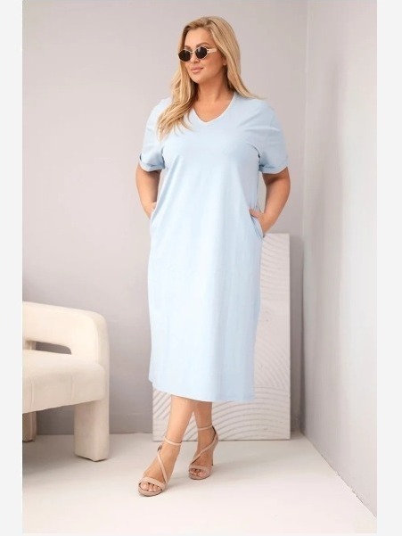 Dámske bavlnené plus size šaty s výstrihom do V modrá
