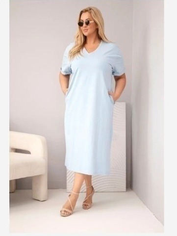 Dámske bavlnené plus size šaty s výstrihom do V modrá
