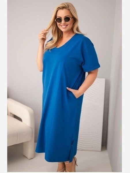Dámske plus size bavlnené šaty s výstrihom do V chrpovo modrá