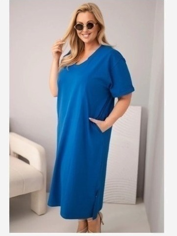 Dámske plus size bavlnené šaty s výstrihom do V chrpovo modrá