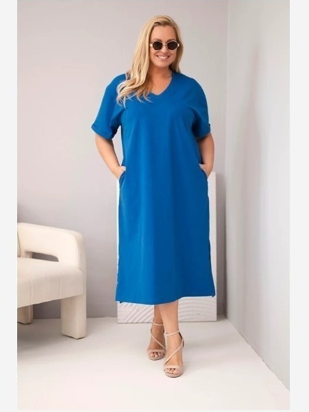 Dámske plus size bavlnené šaty s výstrihom do V chrpovo modrá