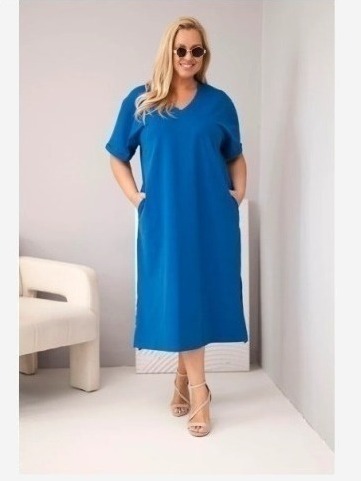 Dámske plus size bavlnené šaty s výstrihom do V chrpovo modrá