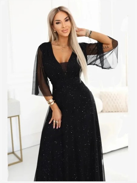 654-5 Dlhé trblietavé šaty plus size s výstrihom a priesvitným rukávikom - čierne