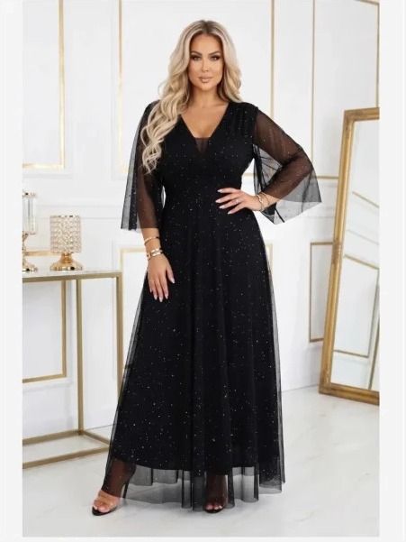 654-5 Dlhé trblietavé šaty plus size s výstrihom a priesvitným rukávikom - čierne