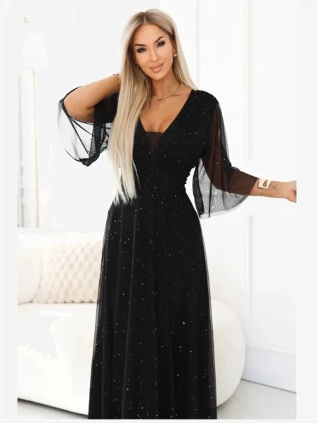 654-5 Dlhé trblietavé šaty plus size s výstrihom a priesvitným rukávikom - čierne