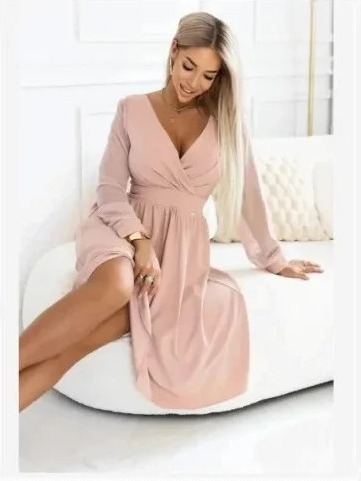 657-2 Elegantné midi šaty s kaskádovým výstrihom a tylovými rukávmi - béžové