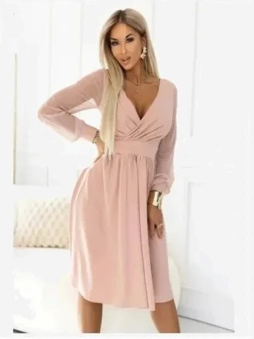 657-2 Elegantné midi šaty s kaskádovým výstrihom a tylovými rukávmi - béžové
