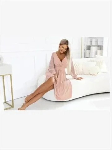 657-2 Elegantné midi šaty s kaskádovým výstrihom a tylovými rukávmi - béžové