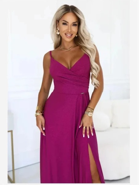 299-21 CHIARA Večerné maxi dlhé šaty na ramienka - brokátová fuchsie