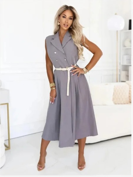 596-5 Elegantná midi šmizjerka so zlatými gombíkmi a opaskom - sivá