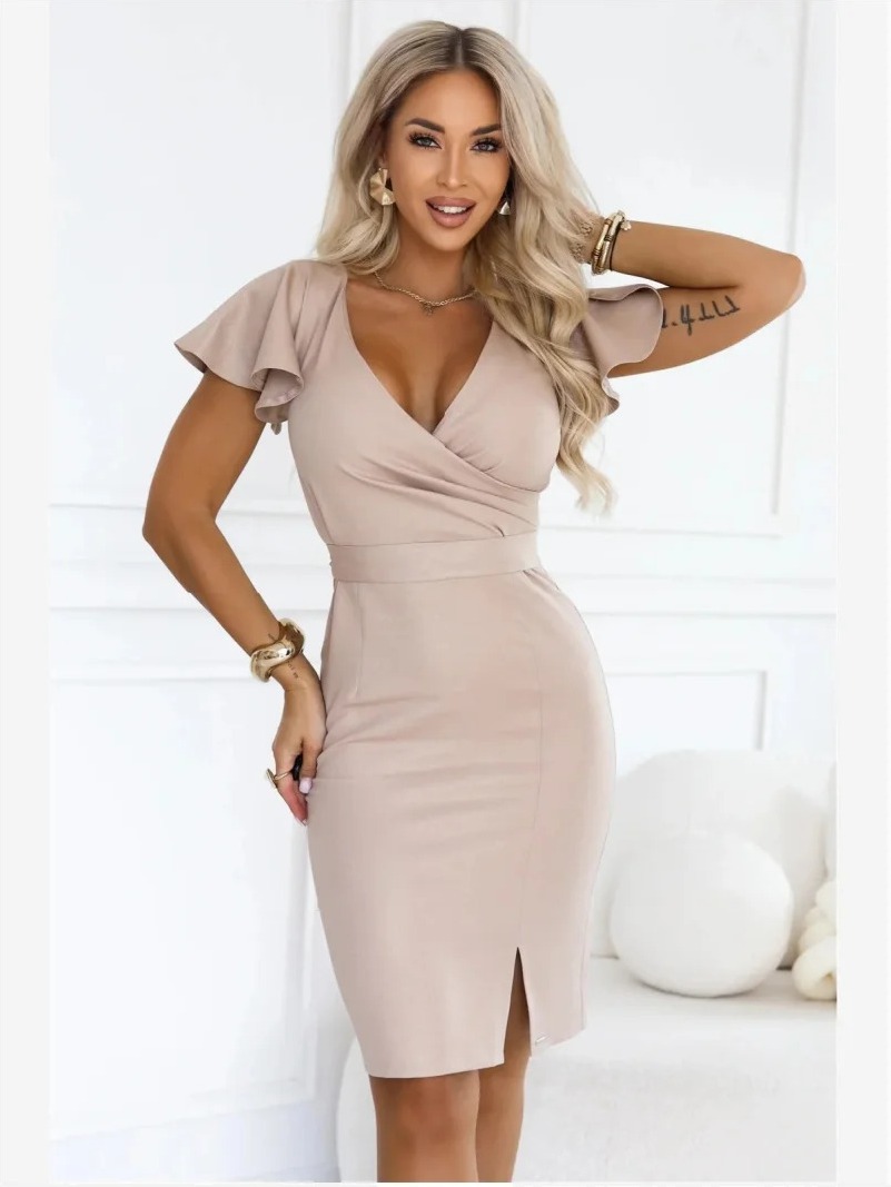 479-16 NINA Elegantné šaty s obálkovým výstrihom, rukávom a opaskom - tmavá béžová s trblietkami