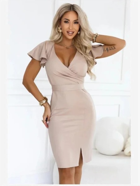479-16 NINA Elegantné šaty s obálkovým výstrihom, rukávom a opaskom - tmavá béžová s trblietkami