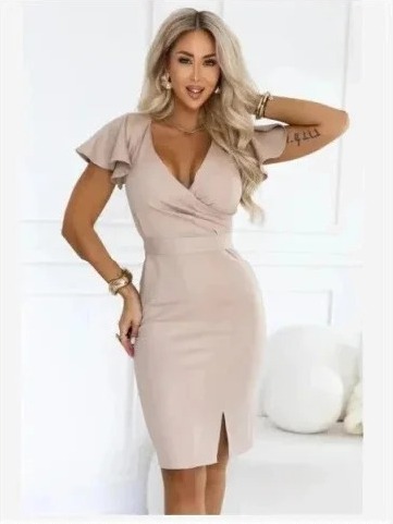 479-16 NINA Elegantné šaty s obálkovým výstrihom, rukávom a opaskom - tmavá béžová s trblietkami