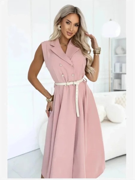 596-6 Elegantné midi šaty so zlatými gombíkmi a opaskom - púdrová ružová