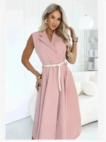 596-6 Elegantné midi šaty so zlatými gombíkmi a opaskom - púdrová ružová