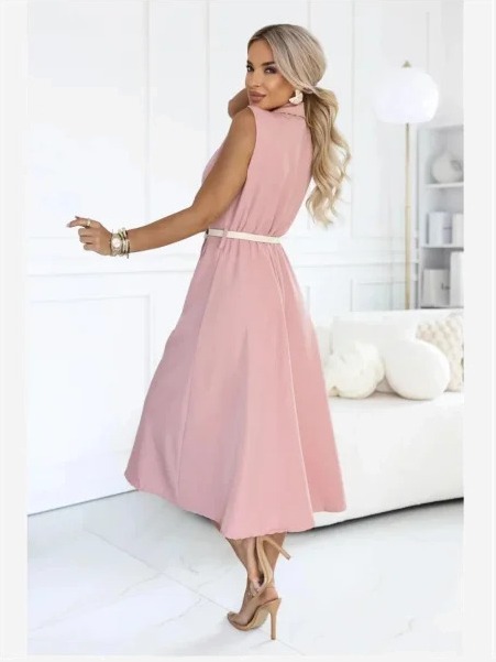 596-6 Elegantné midi šaty so zlatými gombíkmi a opaskom - púdrová ružová