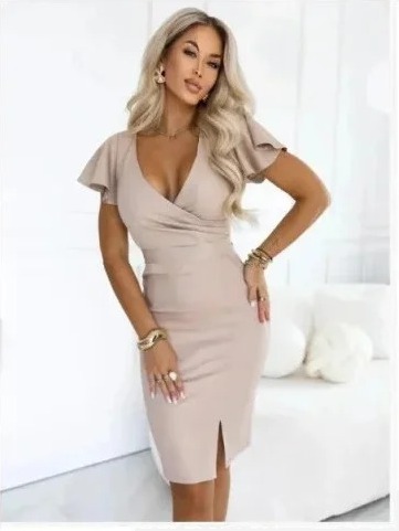 479-16 NINA Elegantné šaty s obálkovým výstrihom, rukávom a opaskom - tmavá béžová s trblietkami