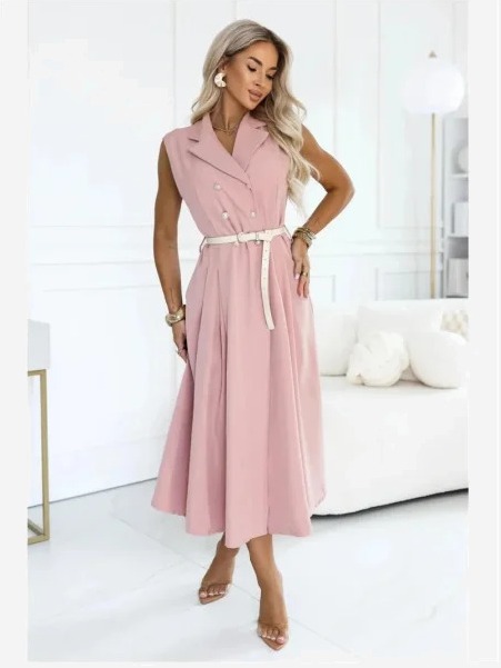 596-6 Elegantné midi šaty so zlatými gombíkmi a opaskom - púdrová ružová