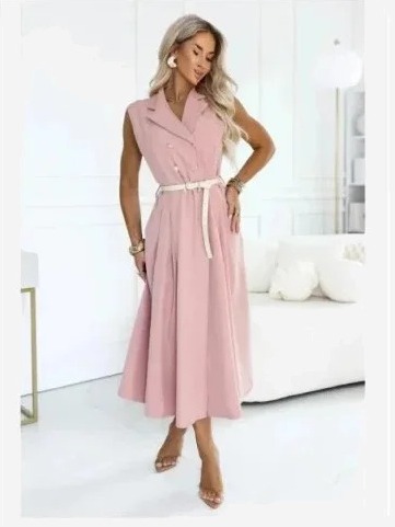 596-6 Elegantné midi šaty so zlatými gombíkmi a opaskom - púdrová ružová