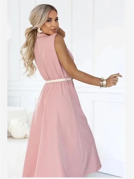 596-6 Elegantné midi šaty so zlatými gombíkmi a opaskom - púdrová ružová