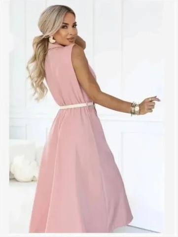596-6 Elegantné midi šaty so zlatými gombíkmi a opaskom - púdrová ružová