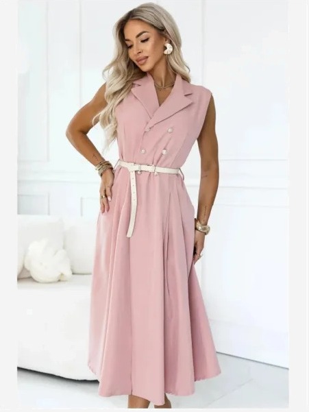 596-6 Elegantné midi šaty so zlatými gombíkmi a opaskom - púdrová ružová
