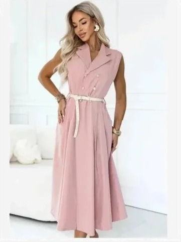 596-6 Elegantné midi šaty so zlatými gombíkmi a opaskom - púdrová ružová