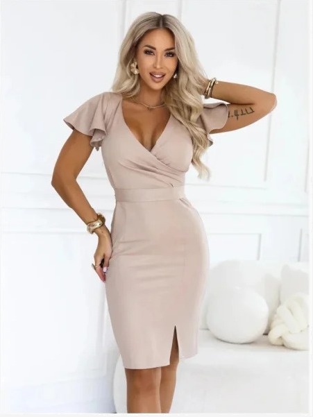 479-16 NINA Elegantné šaty s obálkovým výstrihom, rukávom a opaskom - tmavá béžová s trblietkami