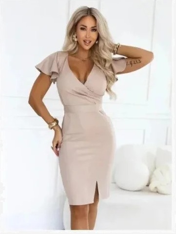 479-16 NINA Elegantné šaty s obálkovým výstrihom, rukávom a opaskom - tmavá béžová s trblietkami