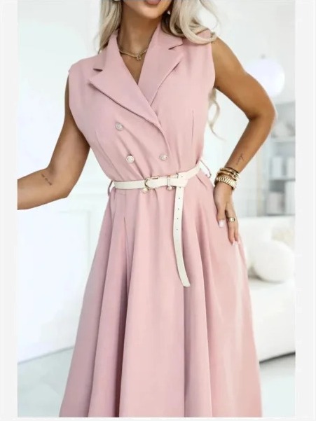 596-6 Elegantné midi šaty so zlatými gombíkmi a opaskom - púdrová ružová