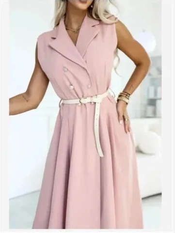 596-6 Elegantné midi šaty so zlatými gombíkmi a opaskom - púdrová ružová