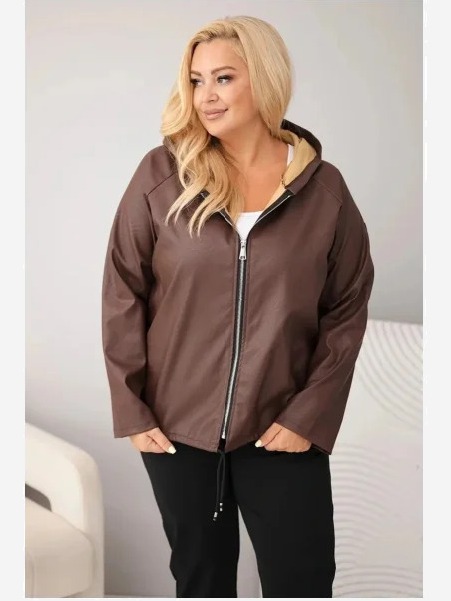 Dámska bunda Plus Size s kapucňou a nastaviteľným spodkom hnedá