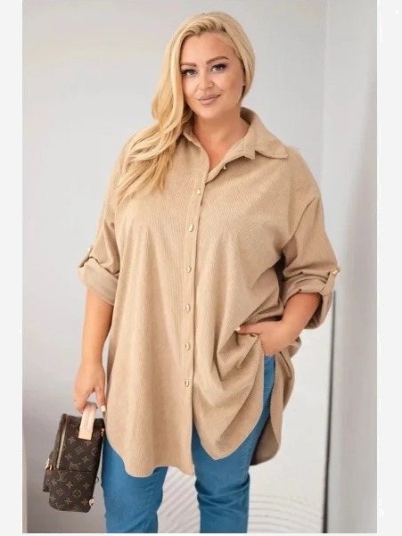 Dámska košeľa Plus Size z viskózy manšestrová s odopínateľnými rukávmi camlová