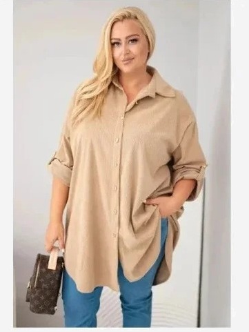 Dámska košeľa Plus Size z viskózy manšestrová s odopínateľnými rukávmi camlová