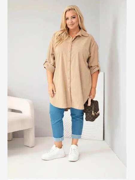 Dámska košeľa Plus Size z viskózy manšestrová s odopínateľnými rukávmi camlová