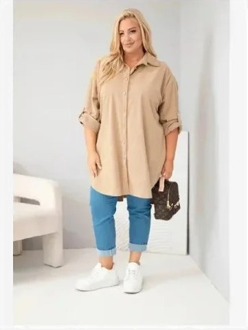 Dámska košeľa Plus Size z viskózy manšestrová s odopínateľnými rukávmi camlová