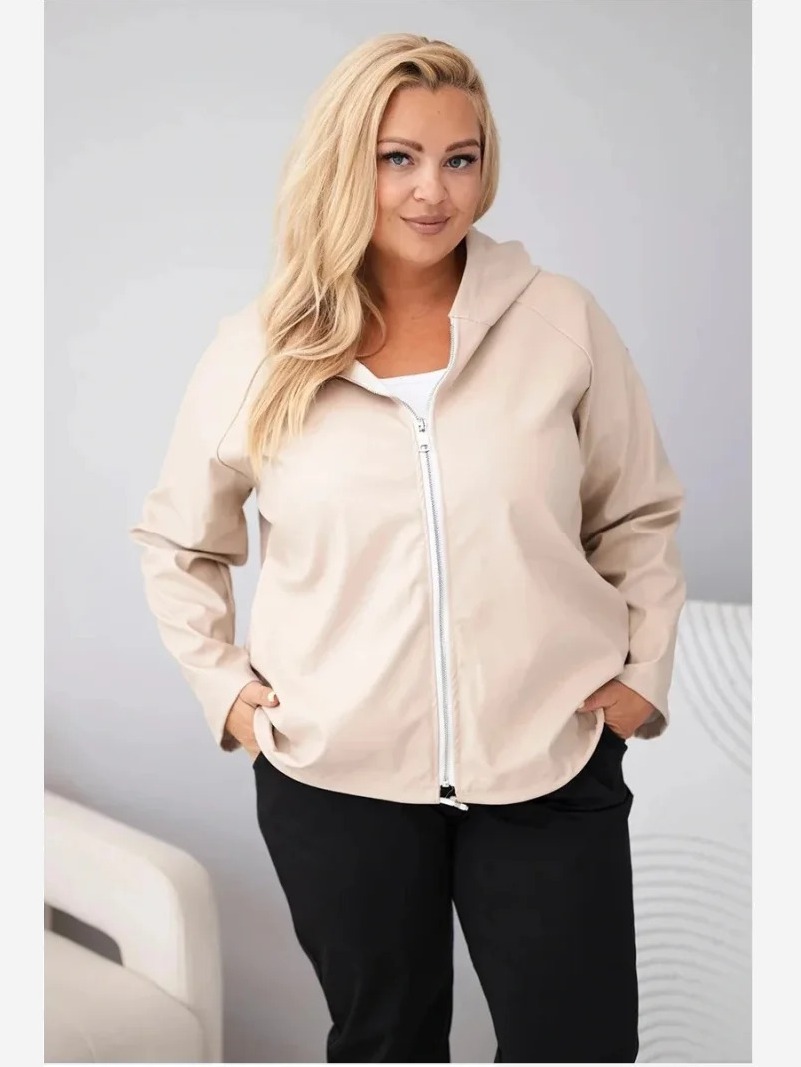 Dámska bunda Plus Size s kapucňou a regulovateľným spodkom béžová