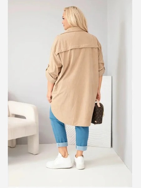 Dámska košeľa Plus Size z viskózy manšestrová s odopínateľnými rukávmi camlová