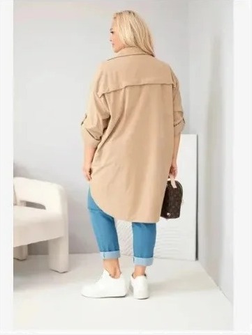 Dámska košeľa Plus Size z viskózy manšestrová s odopínateľnými rukávmi camlová