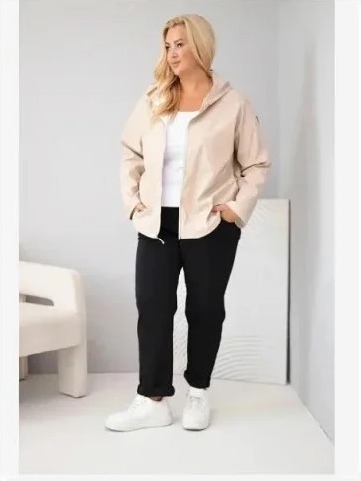 Dámska bunda Plus Size s kapucňou a regulovateľným spodkom béžová
