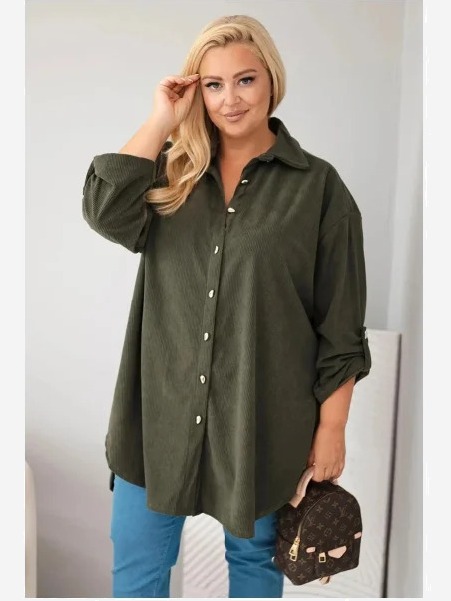 Dámska košeľa Plus Size z viskózy manžestrová s odopínateľnými rukávmi khaki