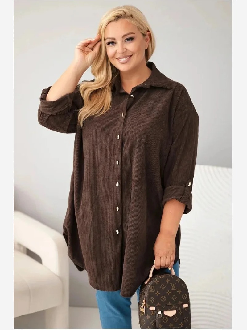 Dámska košeľa Plus Size z viskózy kordová so sťahovacími rukávmi hnedá