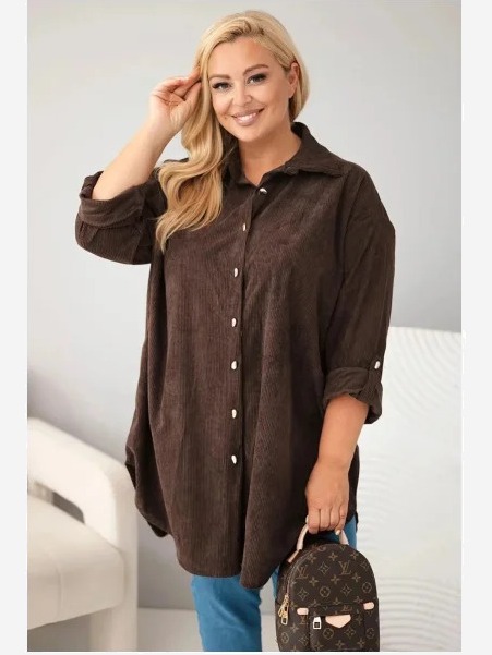 Dámska košeľa Plus Size z viskózy kordová so sťahovacími rukávmi hnedá