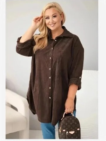 Dámska košeľa Plus Size z viskózy kordová so sťahovacími rukávmi hnedá