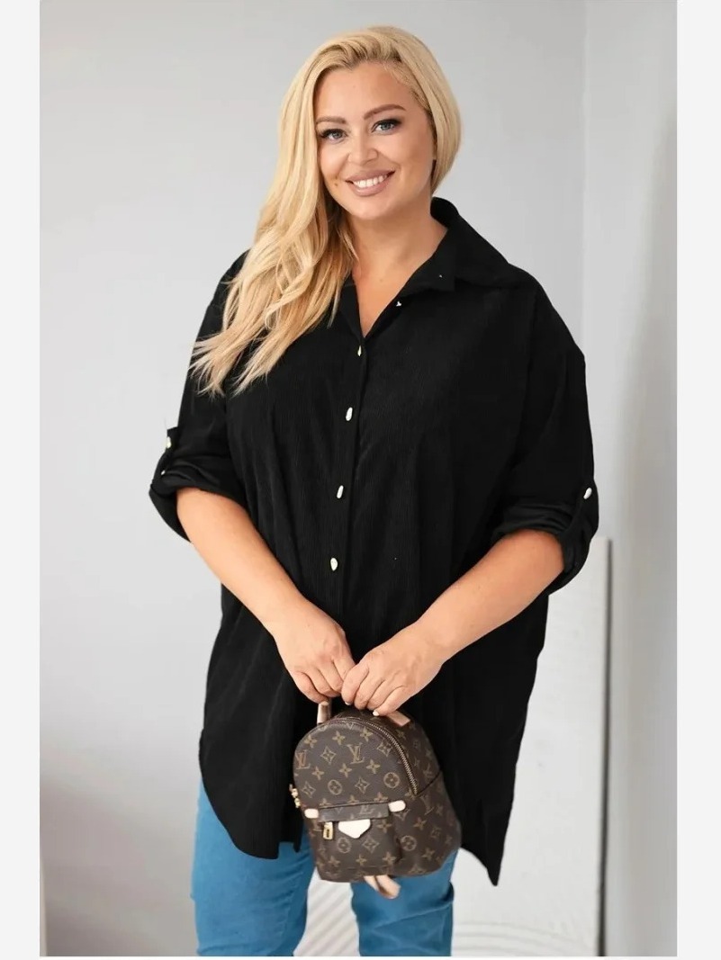 Dámska košeľa Plus Size z viskózy manžestrová so zapínateľnými rukávmi čierna