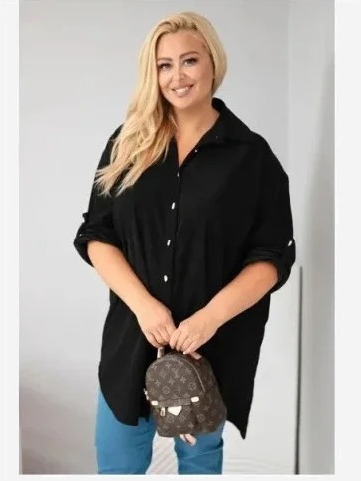 Dámska košeľa Plus Size z viskózy manžestrová so zapínateľnými rukávmi čierna