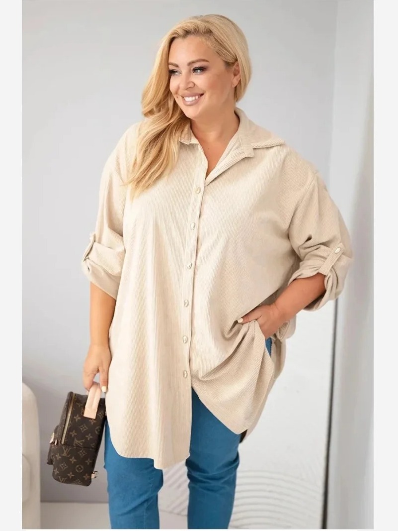 Dámska košeľa Plus Size z viskózy manšestrová s odopínateľnými rukávmi béžová