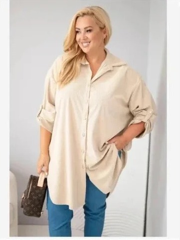 Dámska košeľa Plus Size z viskózy manšestrová s odopínateľnými rukávmi béžová