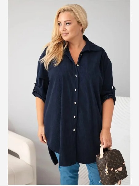 Dámska košeľa Plus Size z viskózy manšestrová so zapínateľnými rukávmi modrá