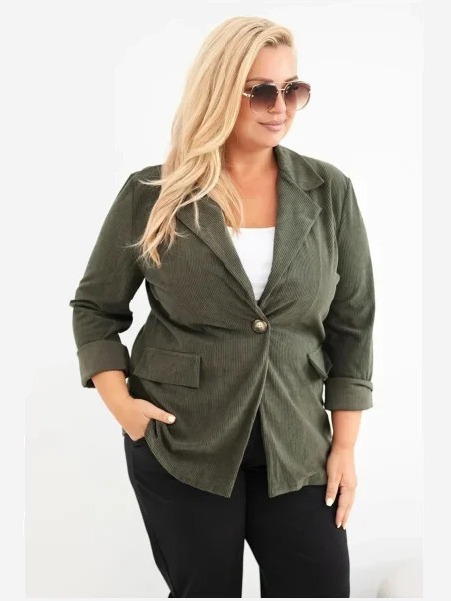 Dámske sako Plus Size manžel s klopami a vreckami khaki